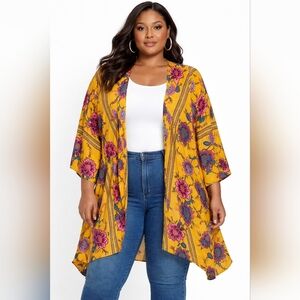 Boutique Yellow Floral Kimono 1X